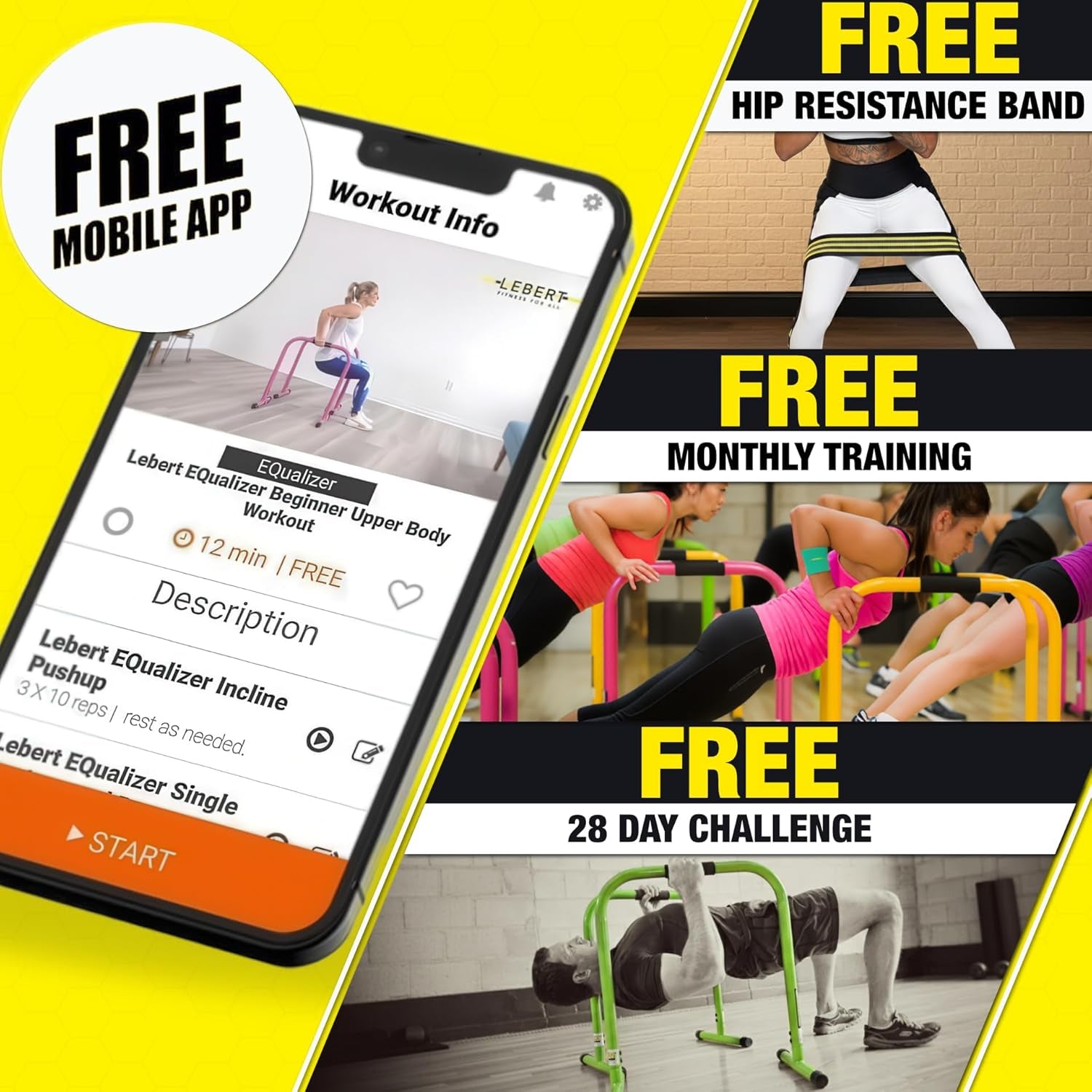 Fitness Dip Bar Stand - Original Equalizer Total Body Strengthener Pull up Bar Home Gym Exercise Equipment Dipping Station - Hip Resistance Band, Workout Guide and Online Group - Yellow