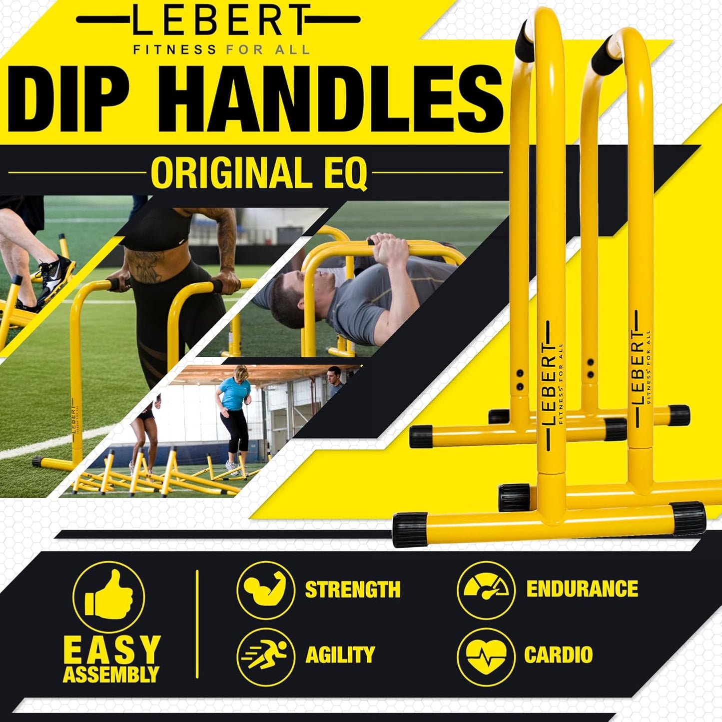 Fitness Dip Bar Stand - Original Equalizer Total Body Strengthener Pull up Bar Home Gym Exercise Equipment Dipping Station - Hip Resistance Band, Workout Guide and Online Group - Yellow