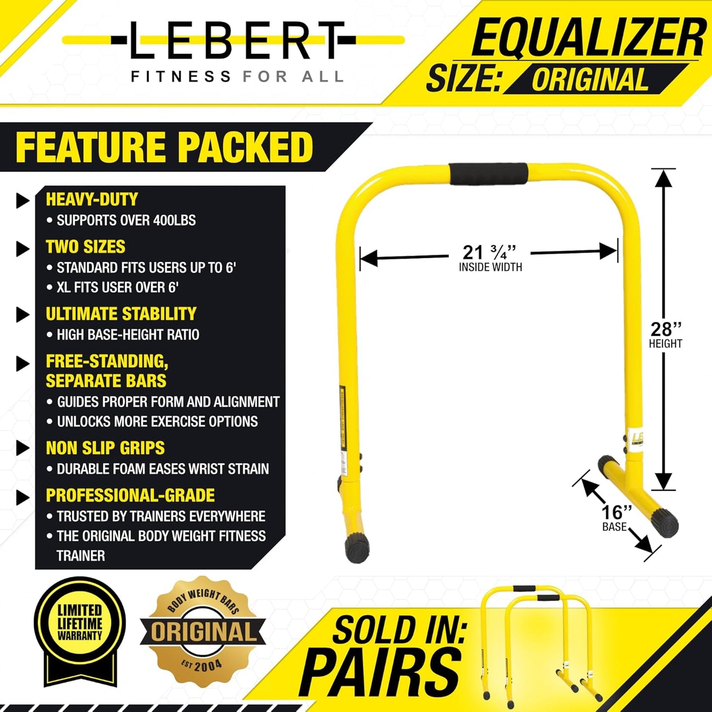 Fitness Dip Bar Stand - Original Equalizer Total Body Strengthener Pull up Bar Home Gym Exercise Equipment Dipping Station - Hip Resistance Band, Workout Guide and Online Group - Yellow