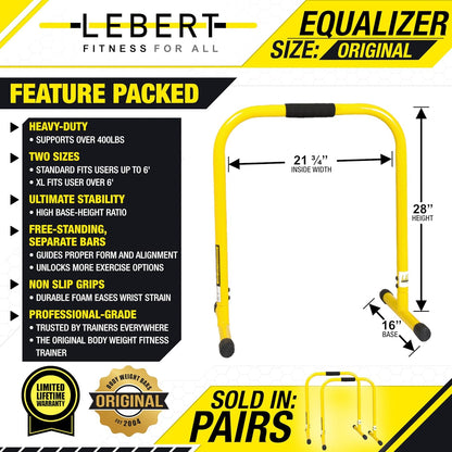 Fitness Dip Bar Stand - Original Equalizer Total Body Strengthener Pull up Bar Home Gym Exercise Equipment Dipping Station - Hip Resistance Band, Workout Guide and Online Group - Yellow